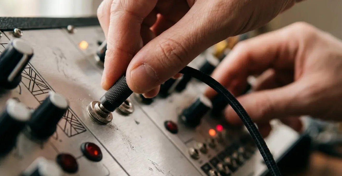 Close-up of musician's hands connecting patch cables on modular synthesizer in a moment of creative flow
