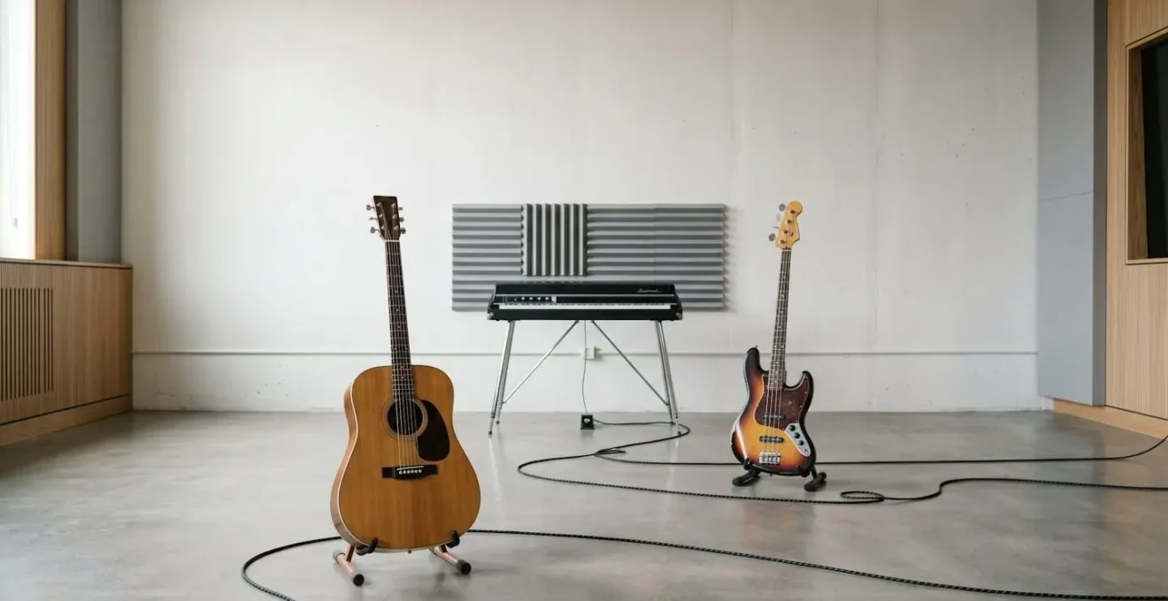 Wide environmental shot showing interconnected musical motion and flow patterns