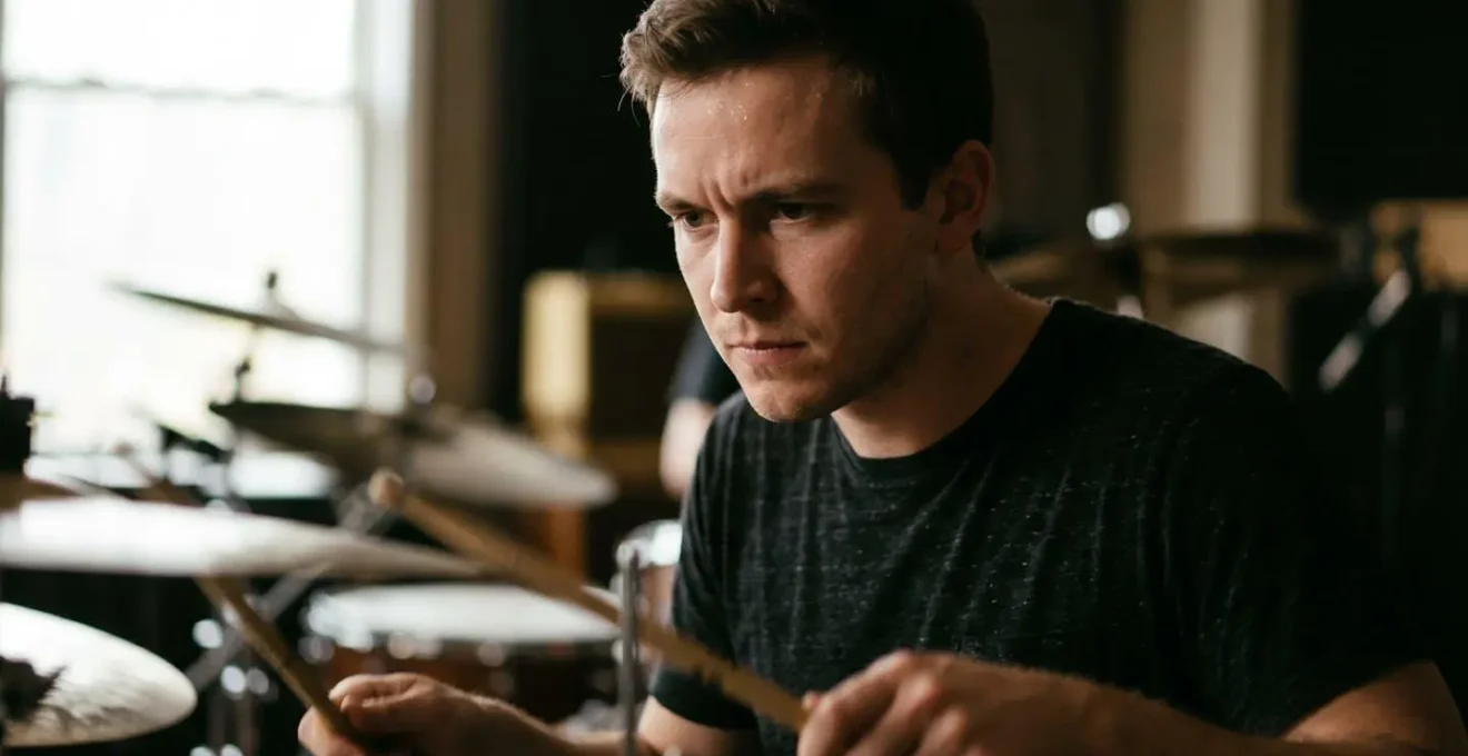 Portrait of a drummer's hands mid-performance showing concentrated expression and organic human effort captured in natural lighting