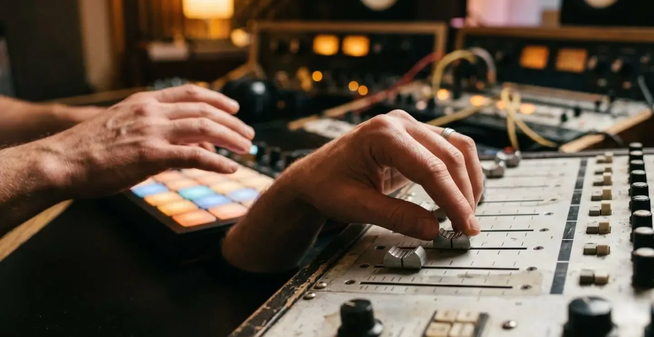 Close-up of hands simultaneously operating analog mixing console faders and digital audio workstation controls, showing the tactile dimension of hybrid production workflows