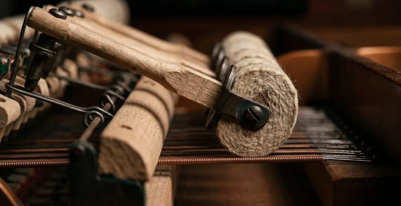 Macro detail of piano hammers suspended between notes capturing the silence between movements
