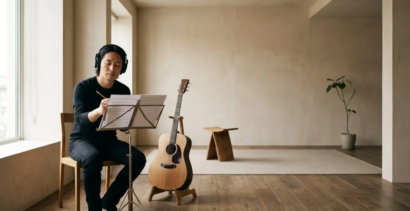 Medium shot of a musician with headphones deeply focused on transcribing music, with instrument resting nearby in contemplative practice moment