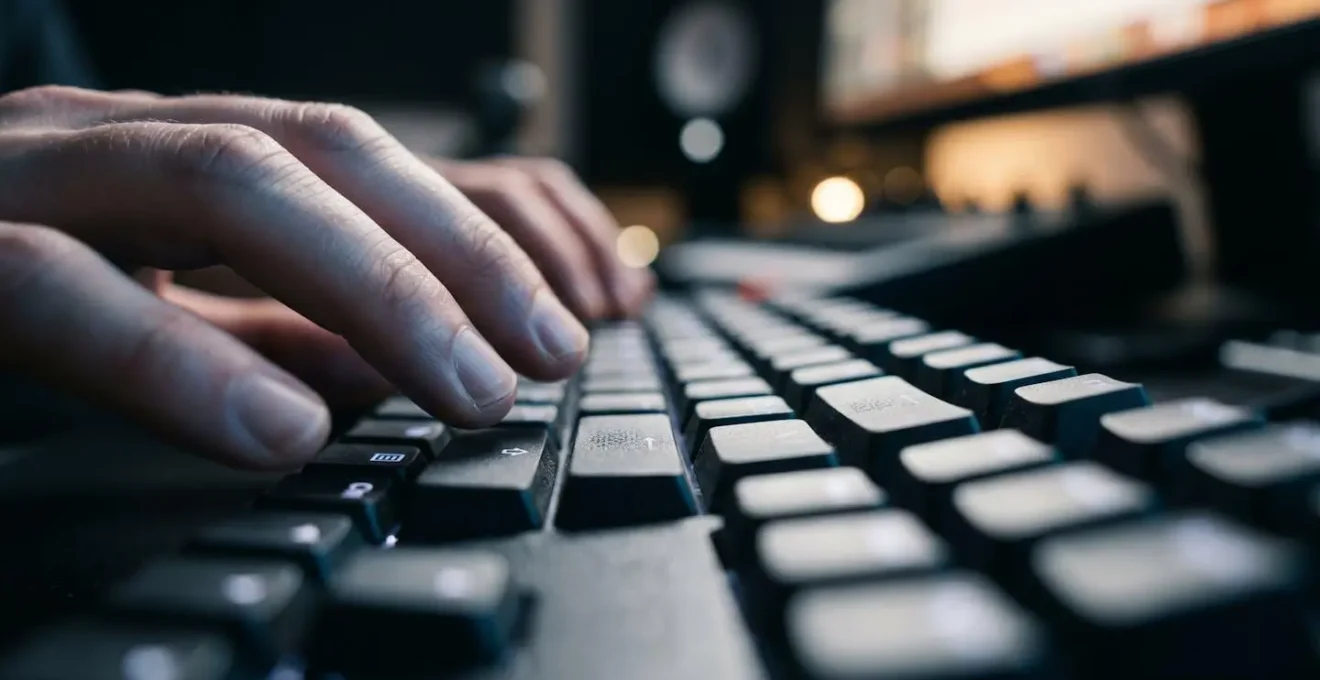 Close-up macro view of producer's hands executing rapid keyboard shortcuts during music production workflow