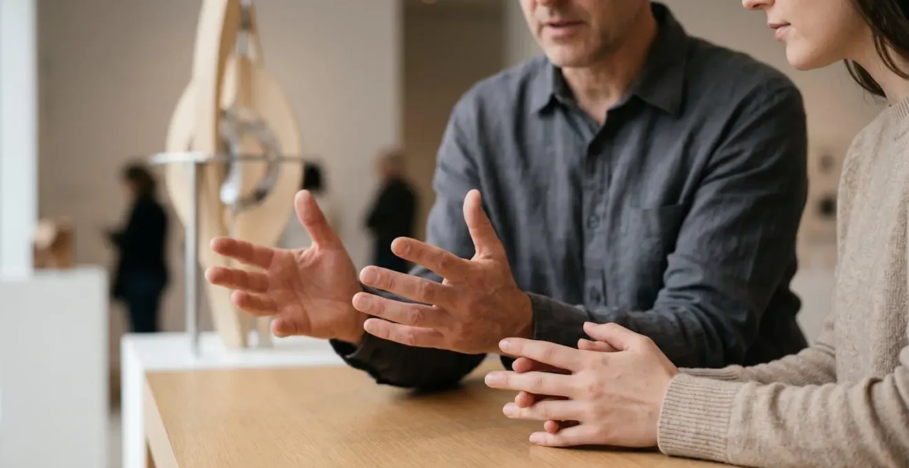 Close-up of hands gesturing toward abstract sonic visualization with focused listener attention