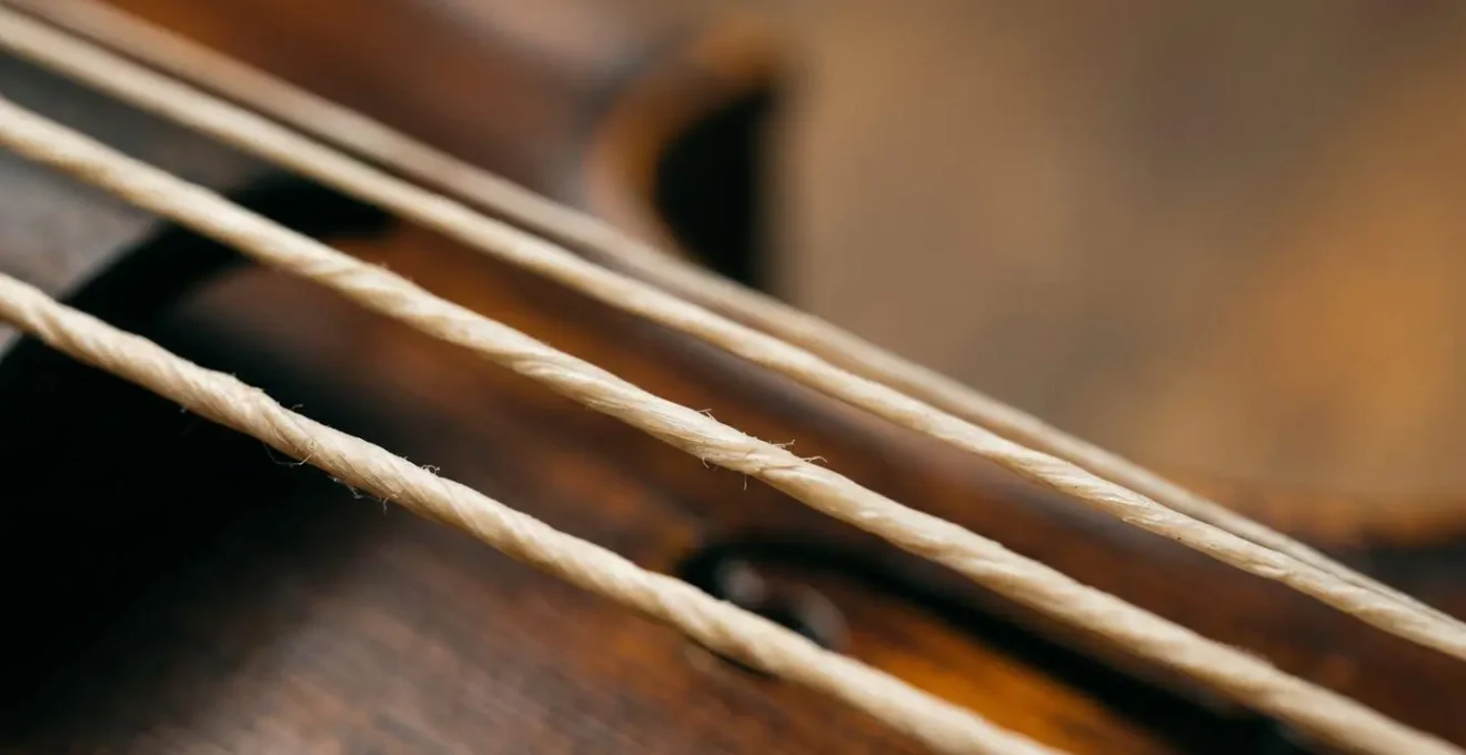 Macro photograph of gut strings on period instrument showing textural detail and natural materials of historical performance