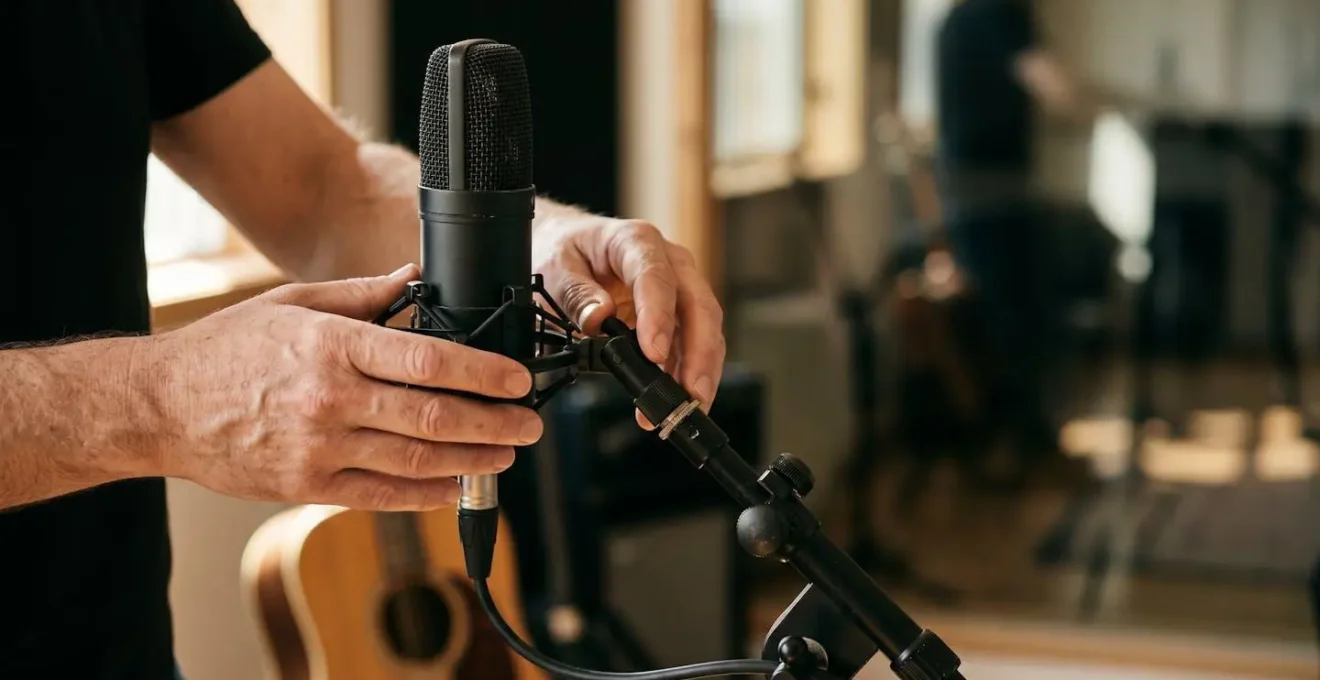 Close-up of audio engineer's hands positioning microphones with intentional placement around sound source
