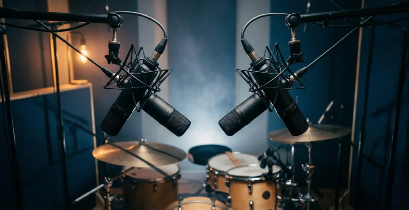 Overhead microphone pair positioned above drum kit showing spatial relationship and distance measurements