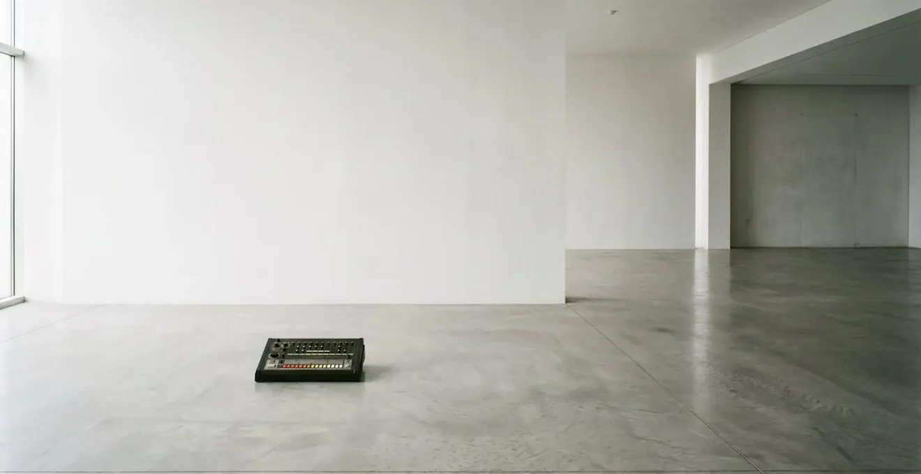 Wide environmental shot of a single vintage drum machine in a spacious minimalist studio emphasizing the power of simplicity through negative space