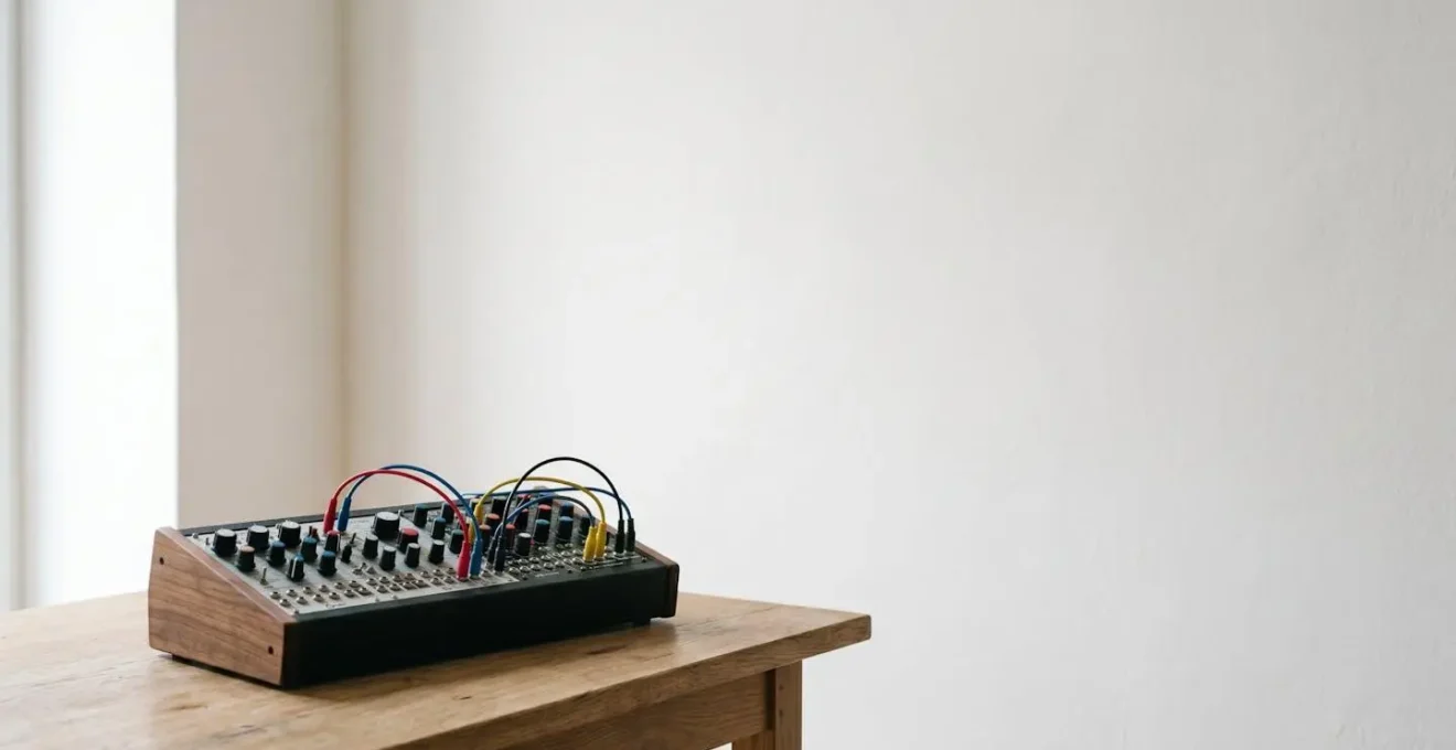 A single small modular synthesizer in a vast empty studio, emphasizing creative constraint and focus