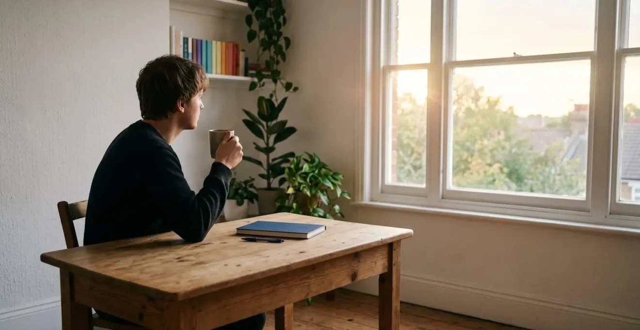 Songwriter in early morning light at minimal desk with coffee mug and notebook in soft focus