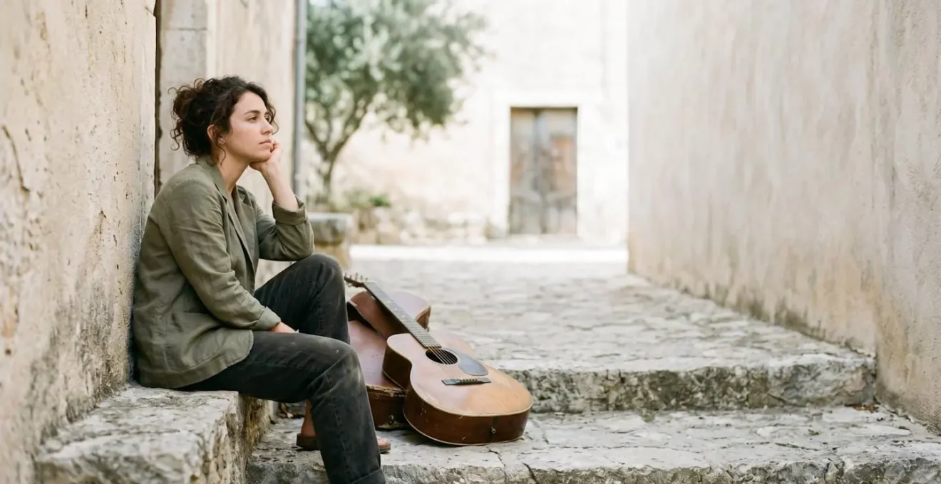 A musician genuinely interacting with their environment rather than posing, showing natural body language and connection to surroundings