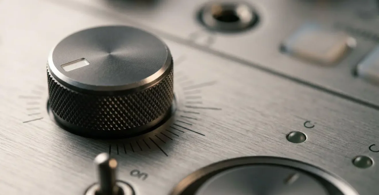 Close-up detail of audio preamp gain control showing optimal positioning range