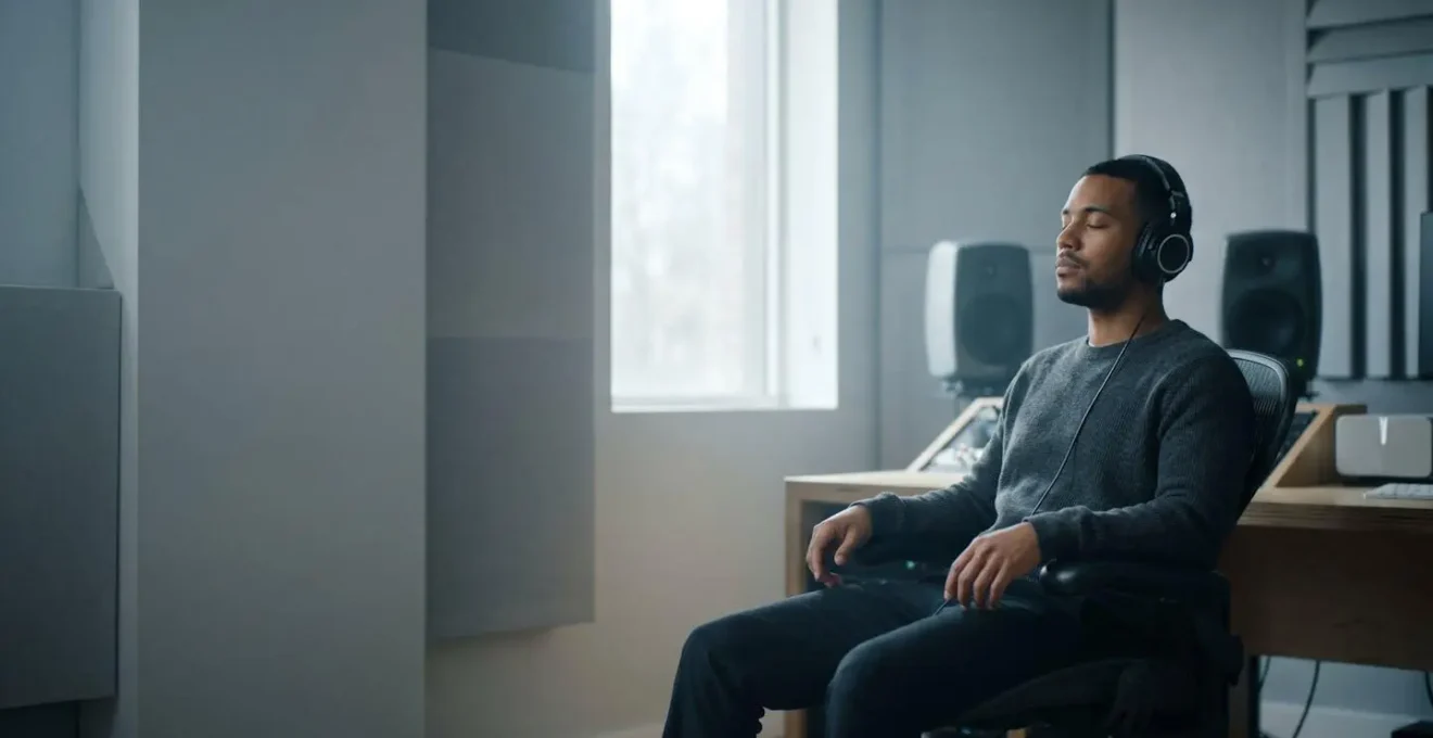 Music producer in a contemplative listening pose, evaluating a track with closed eyes and a focused expression.