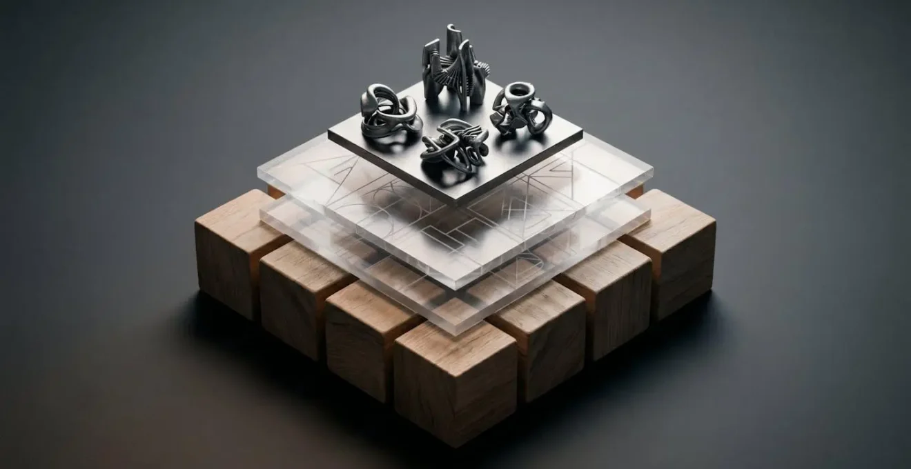 An abstract visual representation of layered production skills, building from a solid foundation to specialised refinement.