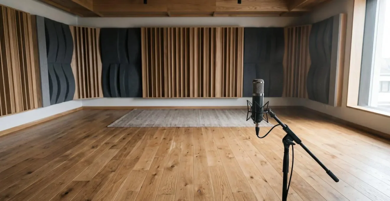 Minimalist wide-angle view of acoustic space showing three-dimensional sound wave interaction with reflective surfaces