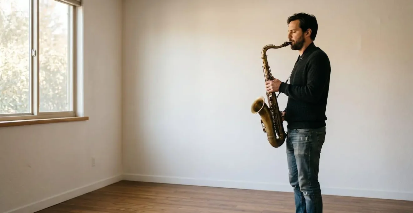 Saxophonist performing focused long tone exercise in peaceful morning practice session with natural window light