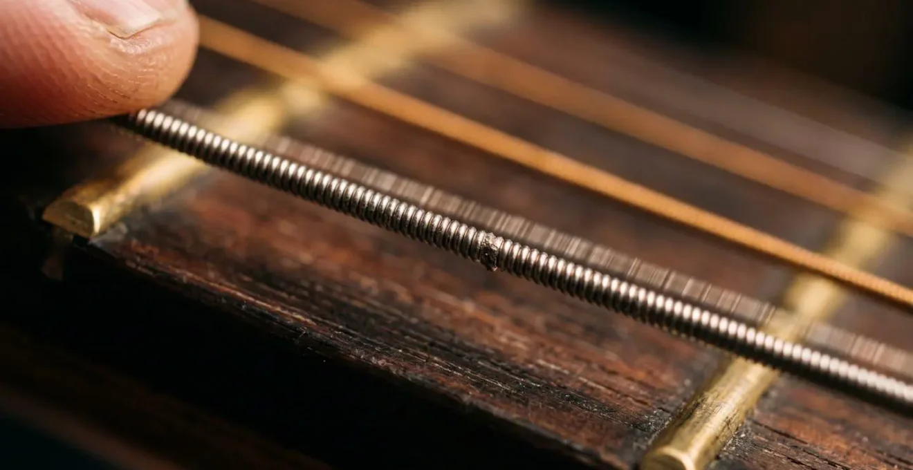 Macro photograph of guitar string vibrating with visible motion blur showing the physical movement of vibrato technique