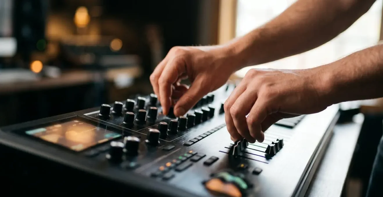 Professional synthesizer control surface with hands performing live modulation