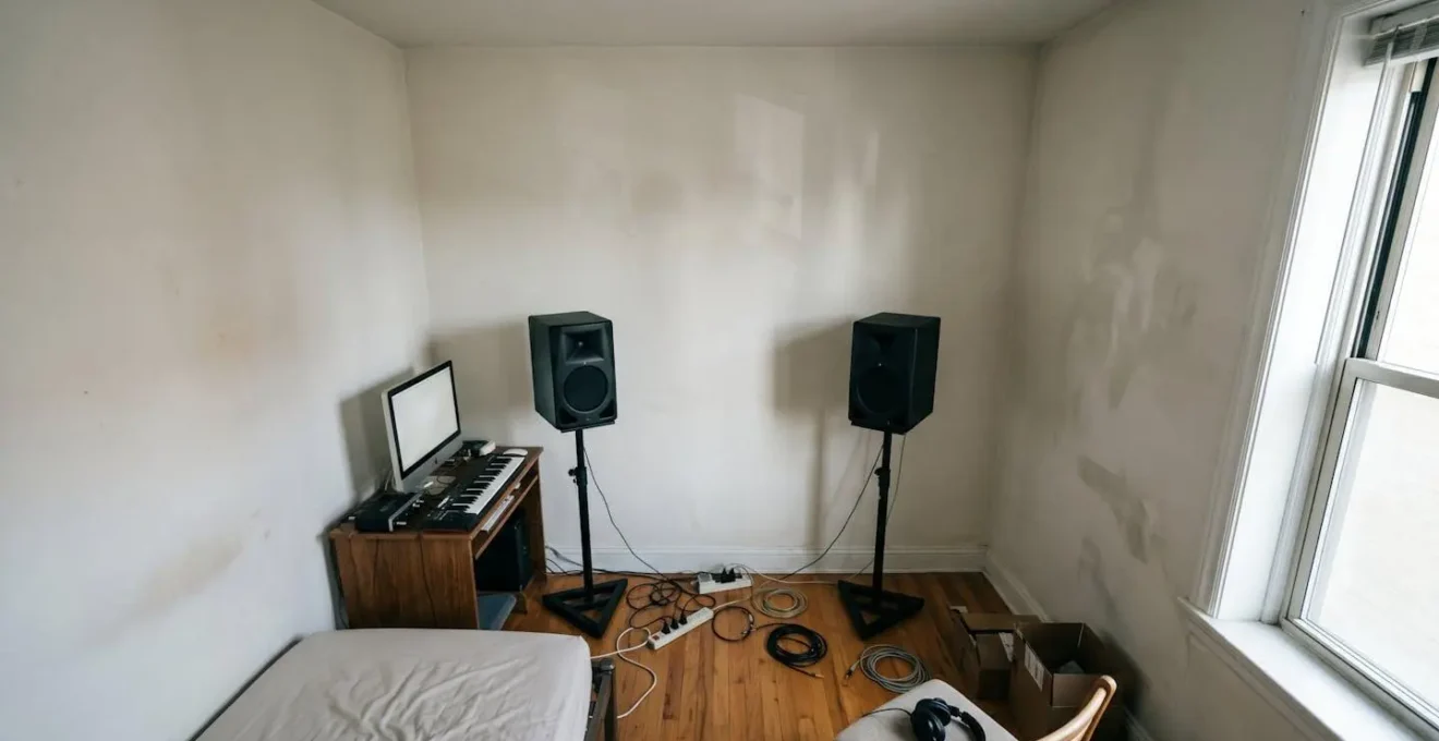 Wide angle view of home studio space showing acoustic challenges with monitors and untreated walls