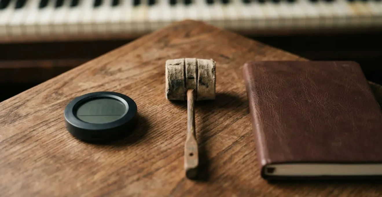 Symbolic composition showing heirloom piano preservation through generational care and documentation