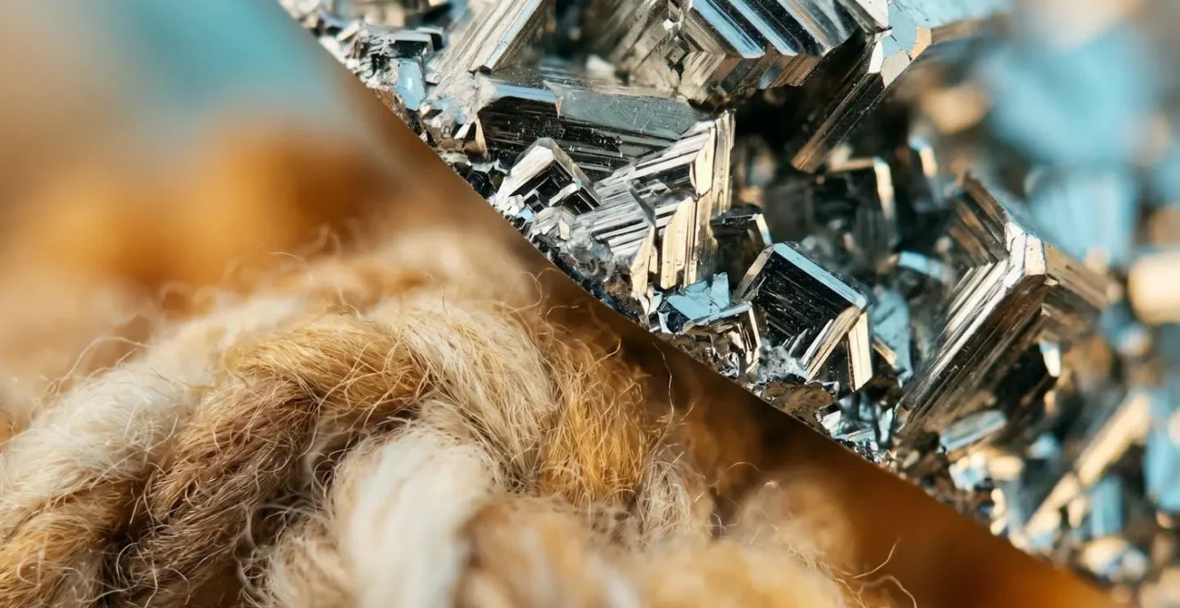 Macro close-up revealing tactile textural contrast between soft warm surfaces and sharp bright crystalline structures