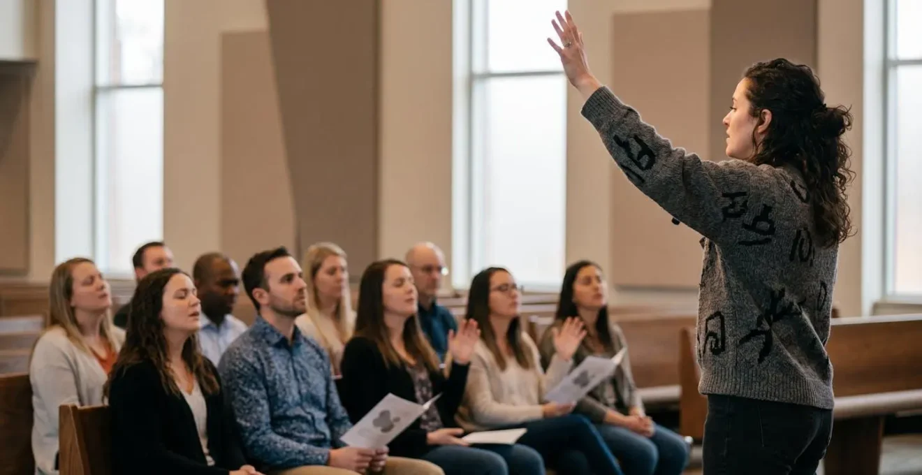Worship leader authentically guiding congregation through call and response learning method in intimate church setting
